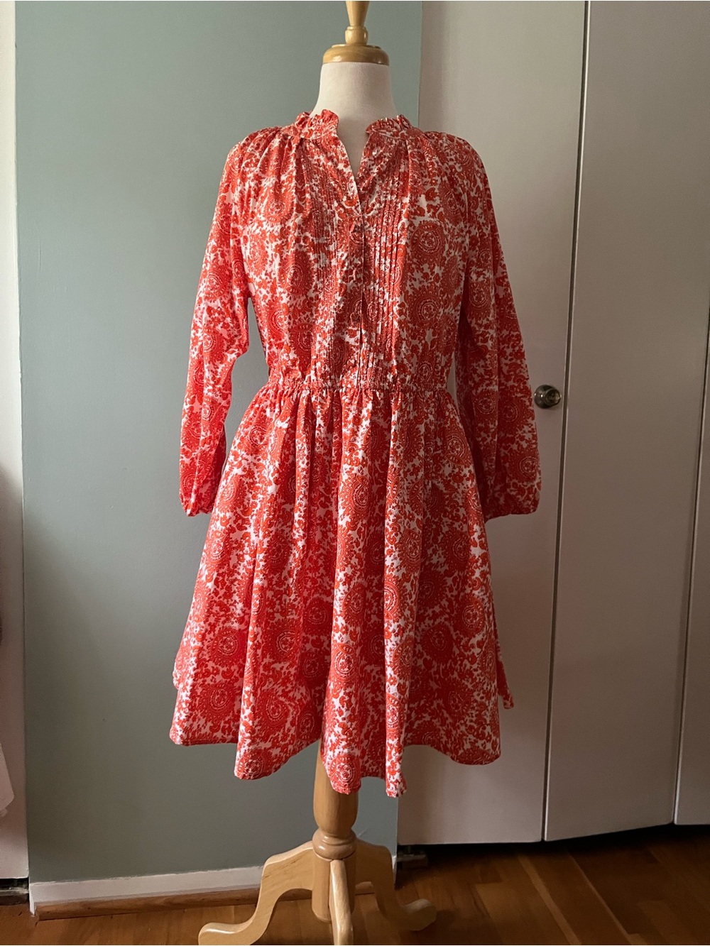 J. Crew Coral and White Long Sleeve Printed Dress never worn 100% cotton